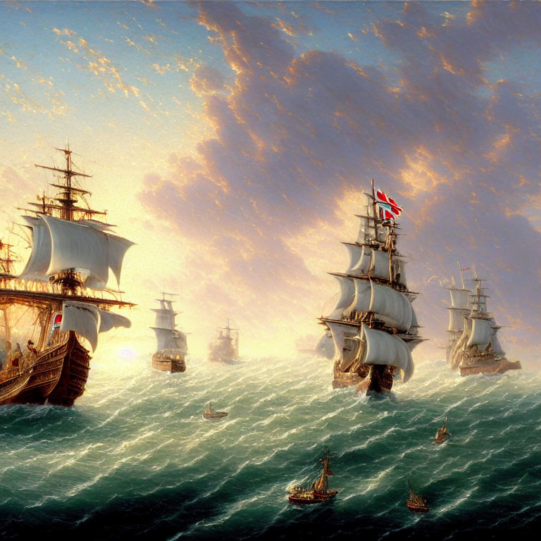 Tall ships with billowing sails on turbulent sea at sunset