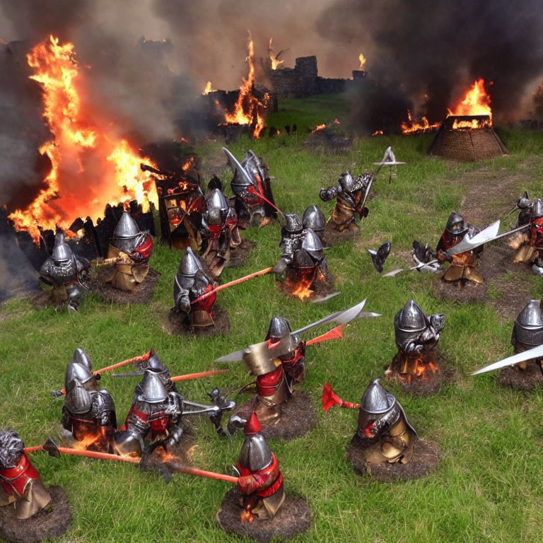 Toy knights battle in front of flaming castle on grass terrain