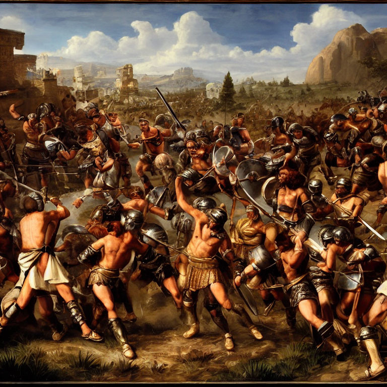 Ancient battle scene with soldiers in hand-to-hand combat