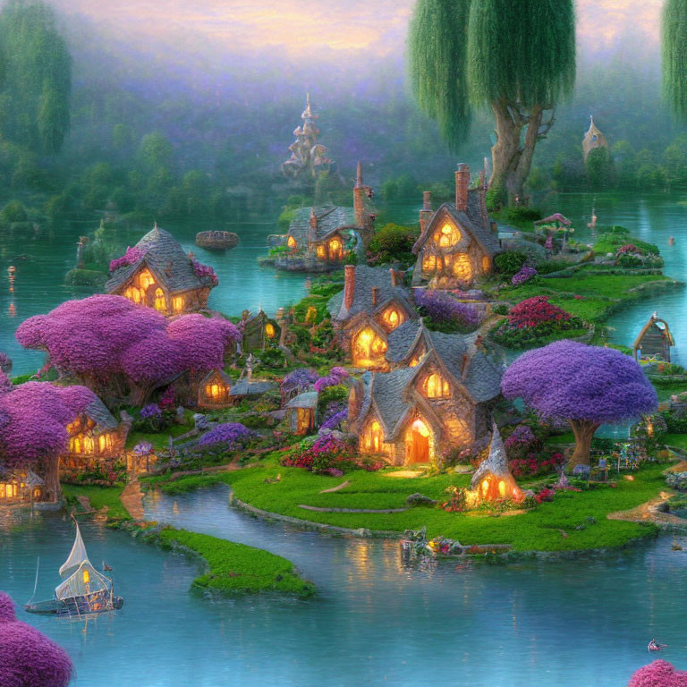 Enchanting fairytale village with illuminated cottages and purple trees by a serene lake at dusk