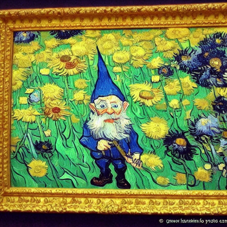 Whimsical gnome painting in vibrant sunflower field