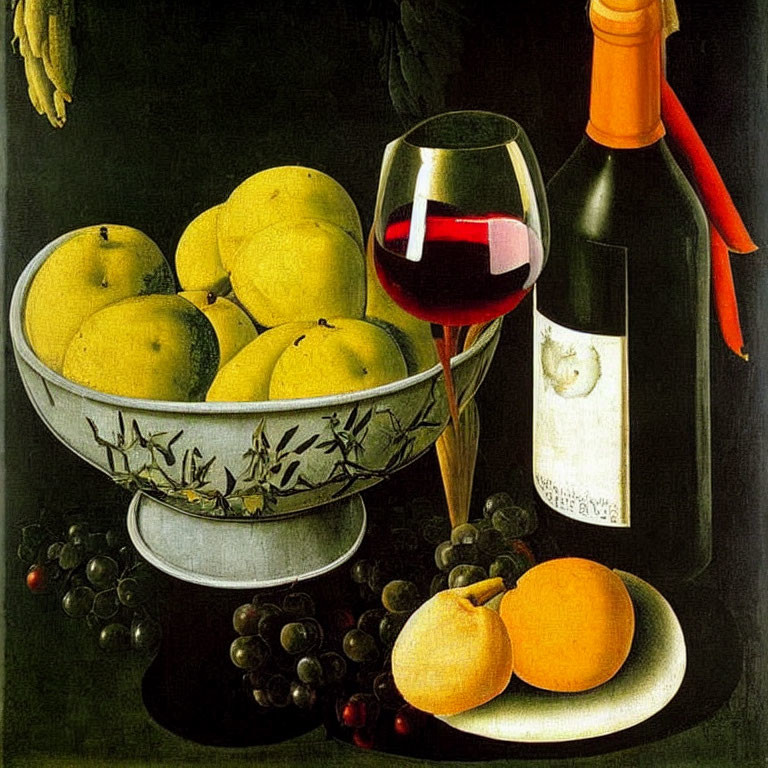 Classic still life with red wine, fruit bowl, and bottle.