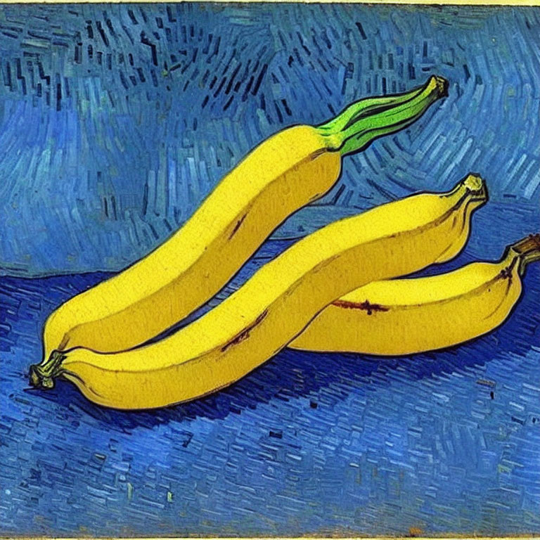 Yellow Bananas with Green Stems on Blue Textured Background