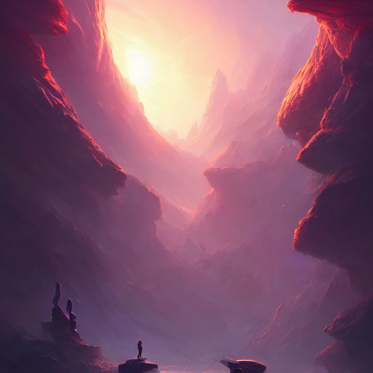 Mystical landscape with crimson rock formations and silhouettes under hazy sun