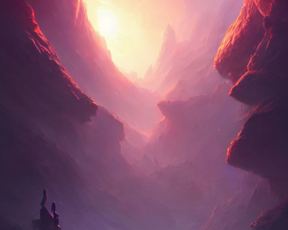 Mystical landscape with crimson rock formations and silhouettes under hazy sun