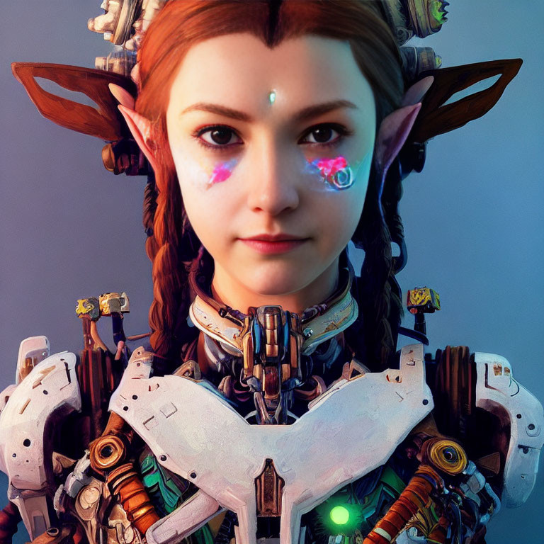 Fantasy character with elf-like ears in robotic suit and face paint