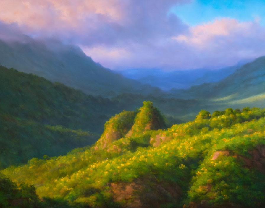 Tranquil Landscape with Green Hills, Sunlight, and Misty Mountains