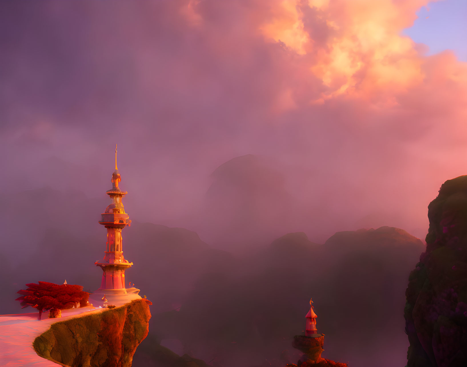 Golden Pagodas on Misty Mountain Cliffs at Sunset
