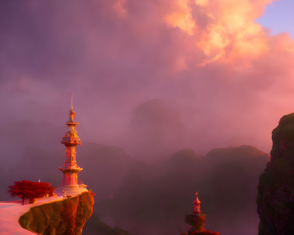 Golden Pagodas on Misty Mountain Cliffs at Sunset
