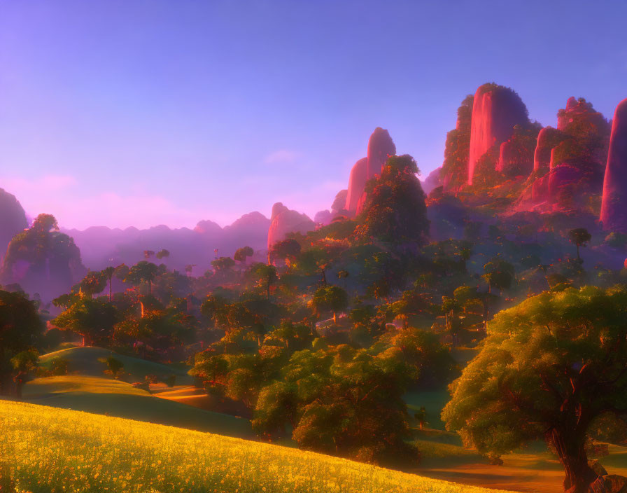 Tranquil Sunrise Landscape with Rolling Hills and Red Rock Formations