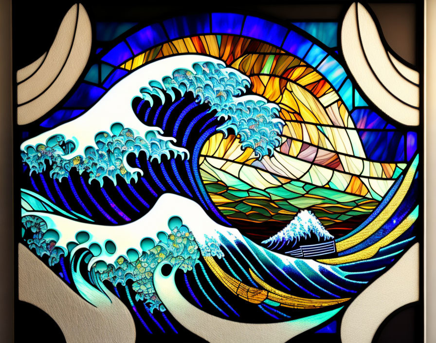 Intricate Blue Wave Design with Mountain and Colorful Sky