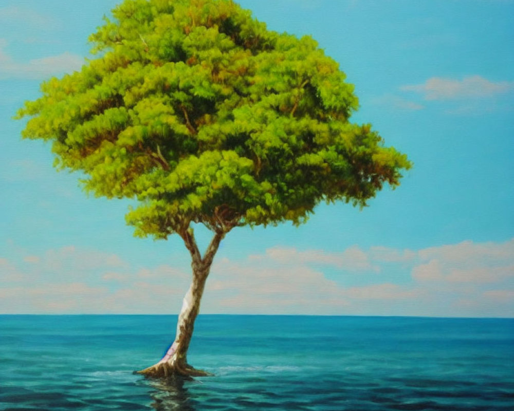 Lone tree with lush green canopy in calm blue waters