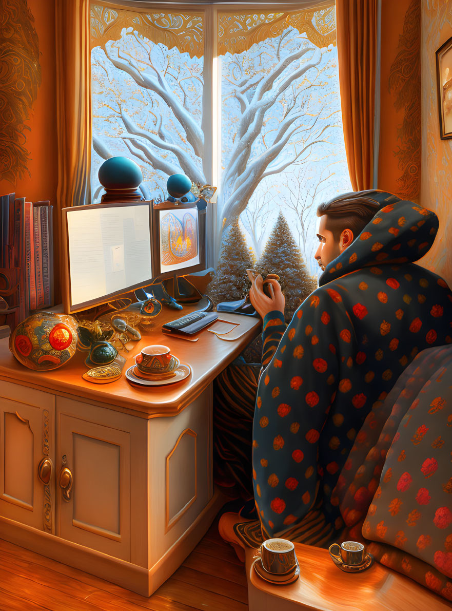 Person working on computer at cozy desk with snow-covered tree view