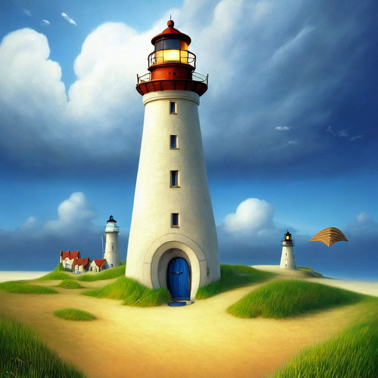 Illustration of multiple lighthouses on grassy hills under a blue sky