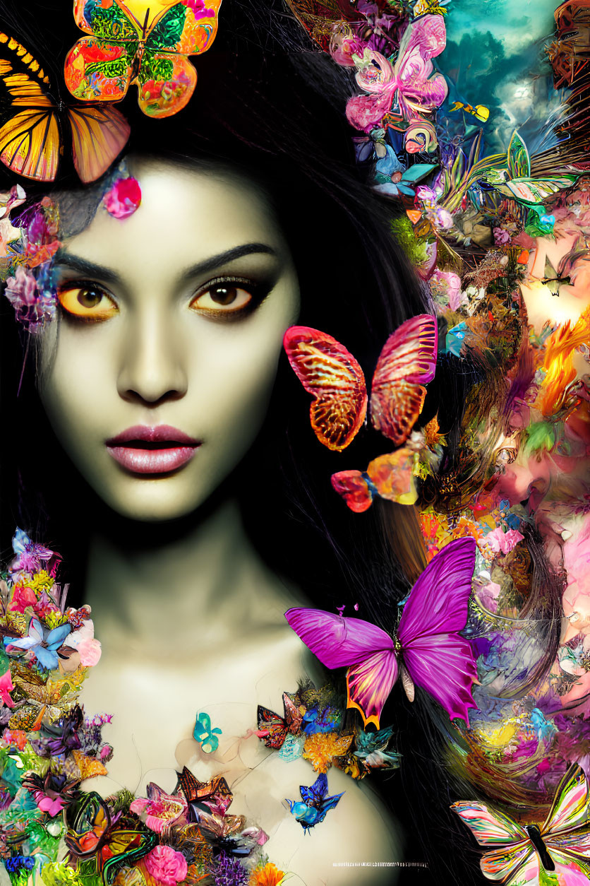 Colorful Surreal Portrait of Woman with Butterflies and Flowers