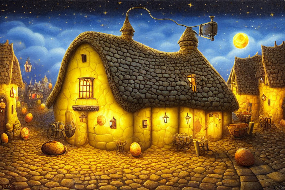 Cozy Thatched Roof Cottage on Cobblestone Street at Night