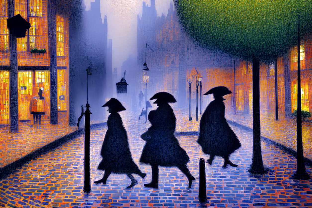 Silhouetted figures with umbrellas on cobblestone street at twilight