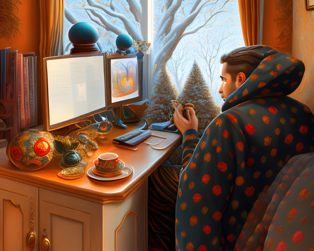 Person working on computer at cozy desk with snow-covered tree view