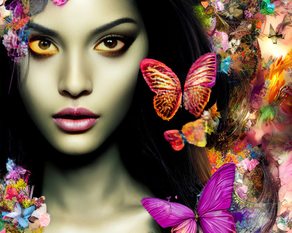 Colorful Surreal Portrait of Woman with Butterflies and Flowers