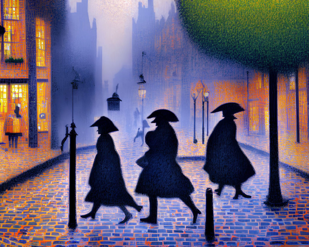 Silhouetted figures with umbrellas on cobblestone street at twilight