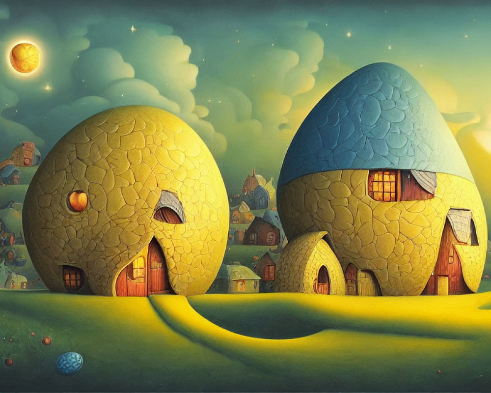 Surreal Moonlit Landscape with Egg-shaped Houses