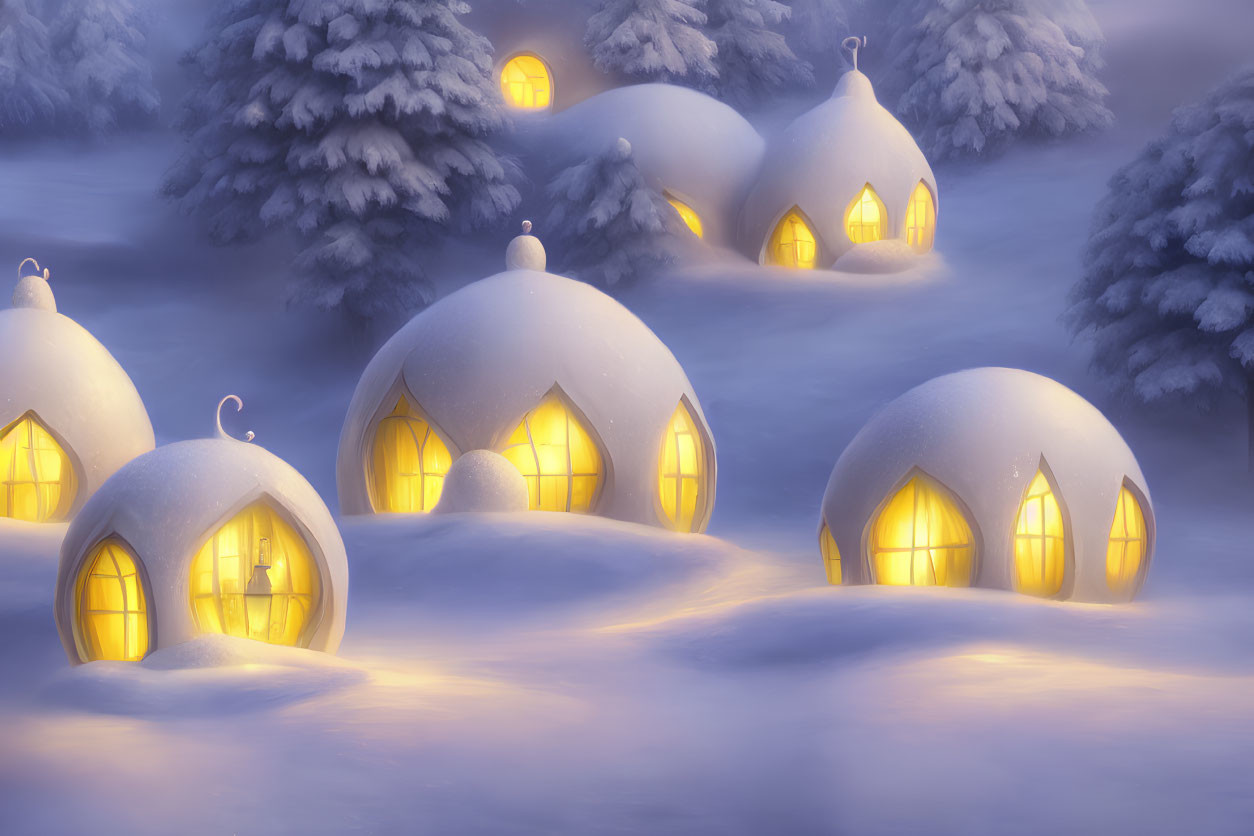 Snow-covered dome-shaped homes in tranquil snowy forest landscape at twilight