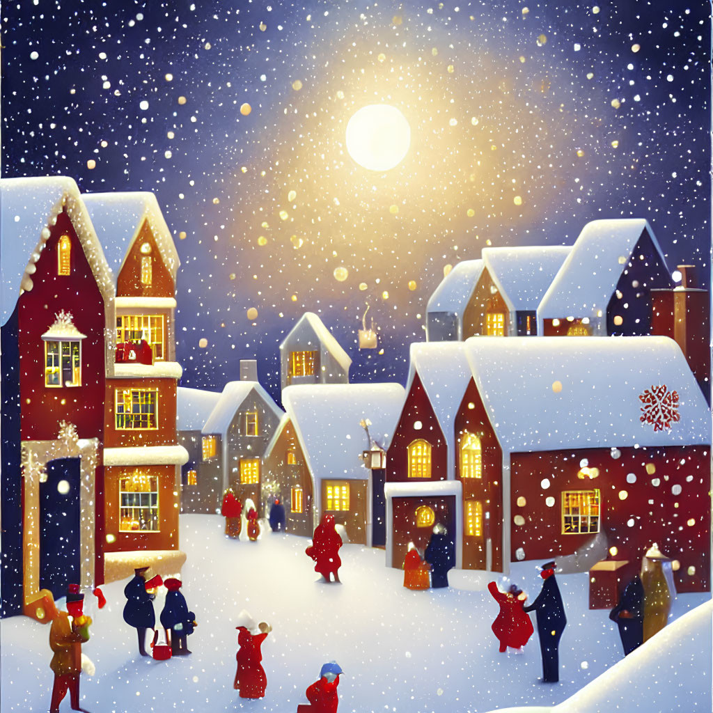 Snow-covered houses and full moon in festive winter night scene