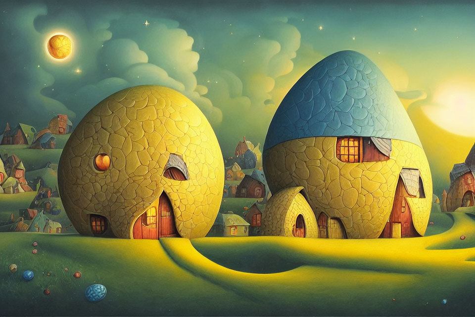 Surreal Moonlit Landscape with Egg-shaped Houses