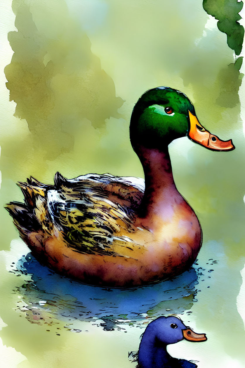 Vibrant Watercolor Illustration of Two Ducks