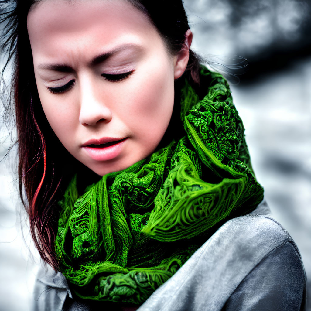 Contemplative woman with green scarf and auburn hair in blurred background