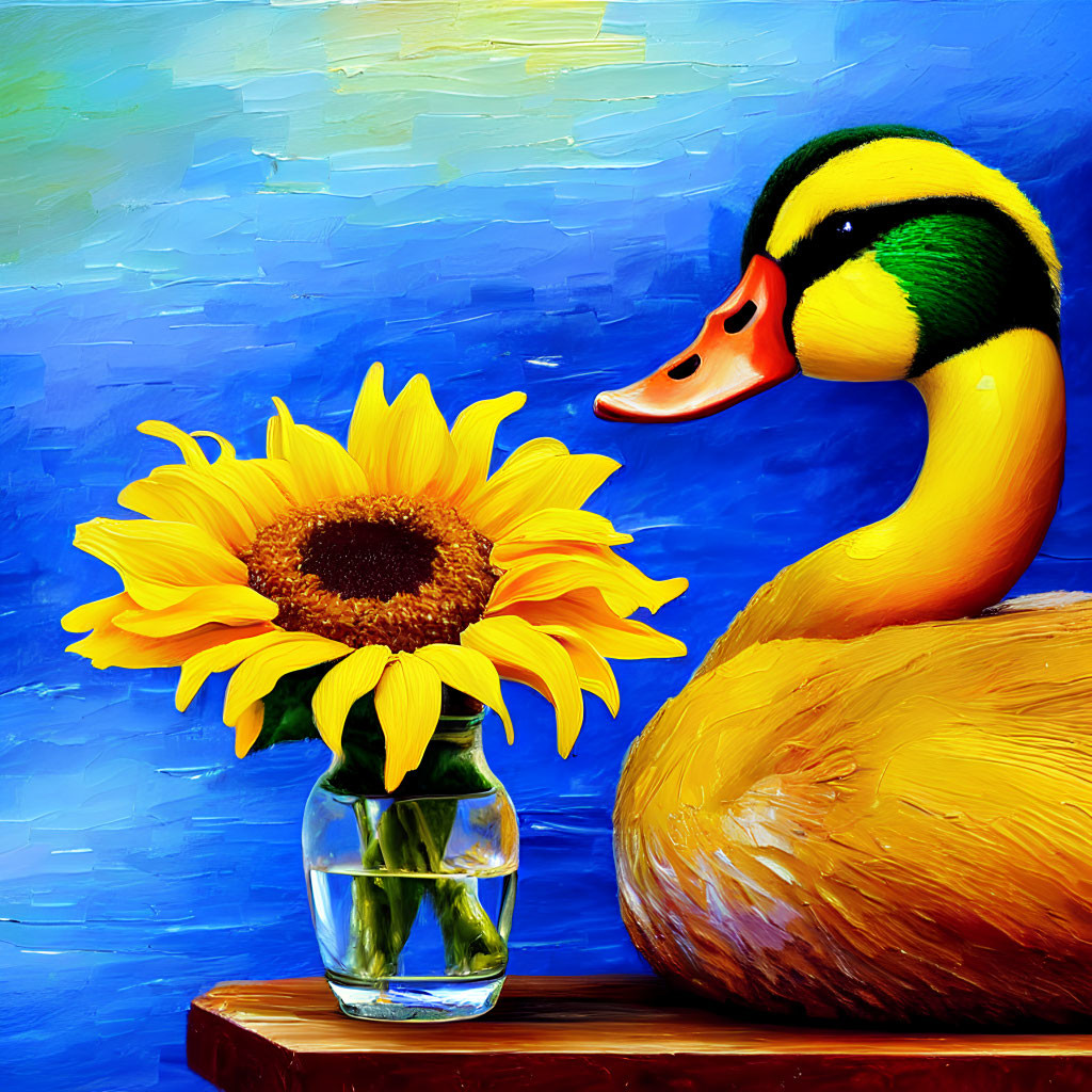 Colorful Mallard Duck and Sunflower Painting on Textured Blue Background