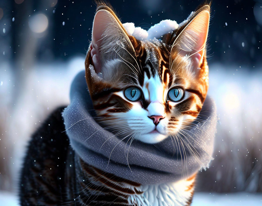 Tabby cat with blue eyes in scarf, snowflakes on wintery background