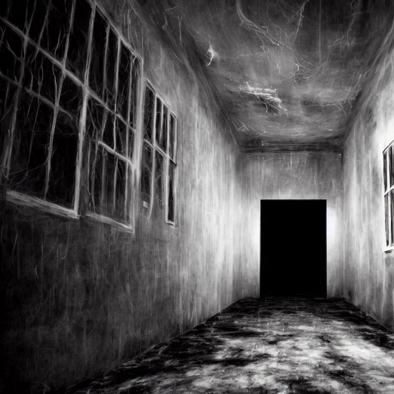 Eerie corridor with cobwebbed ceiling and barred windows