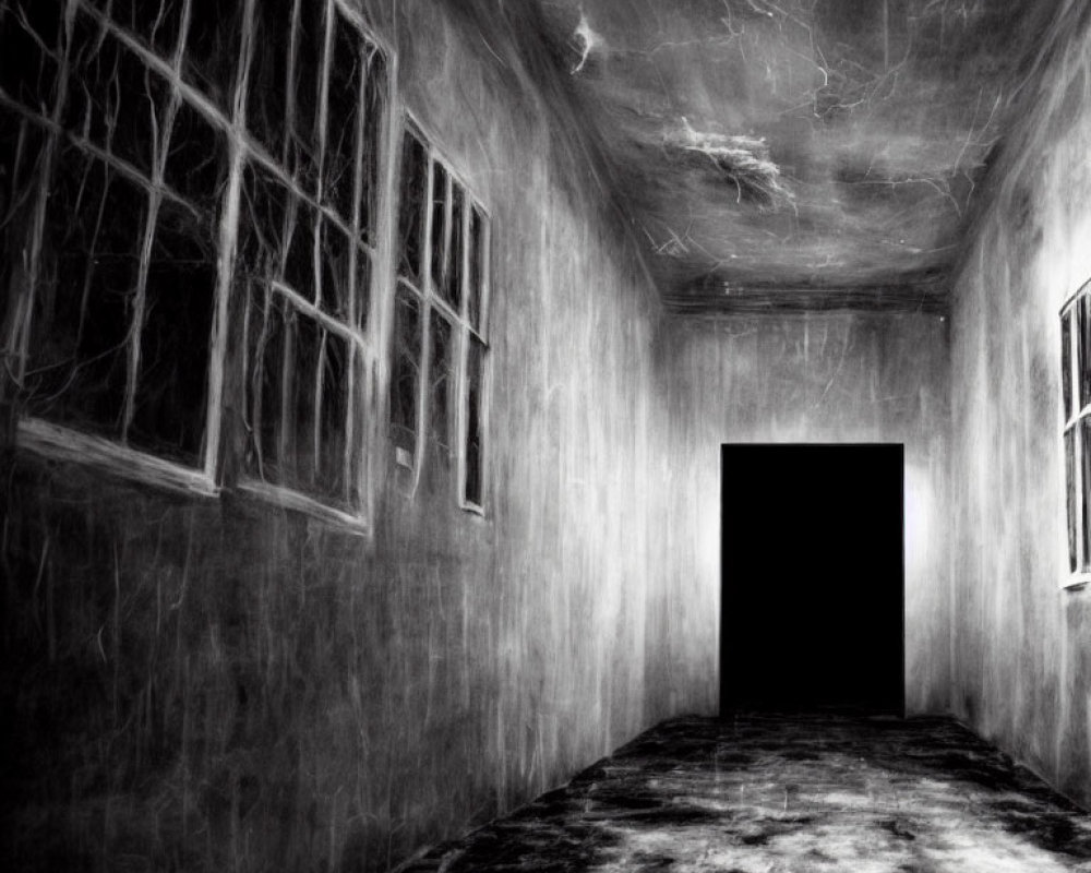 Eerie corridor with cobwebbed ceiling and barred windows