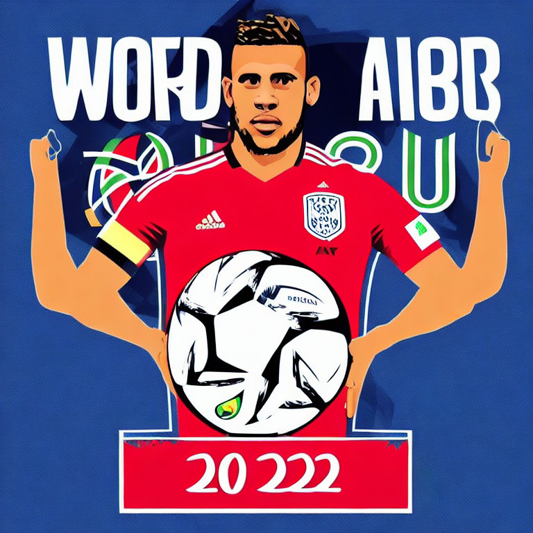 Illustrated soccer player poster with red jersey and 2022 theme.