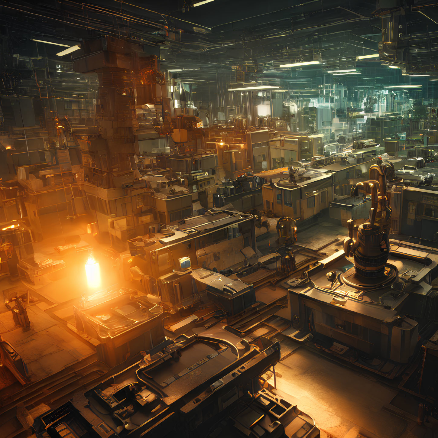 Detailed Sci-Fi Industrial Interior with Glowing Amber Lights and Central Fiery Forge