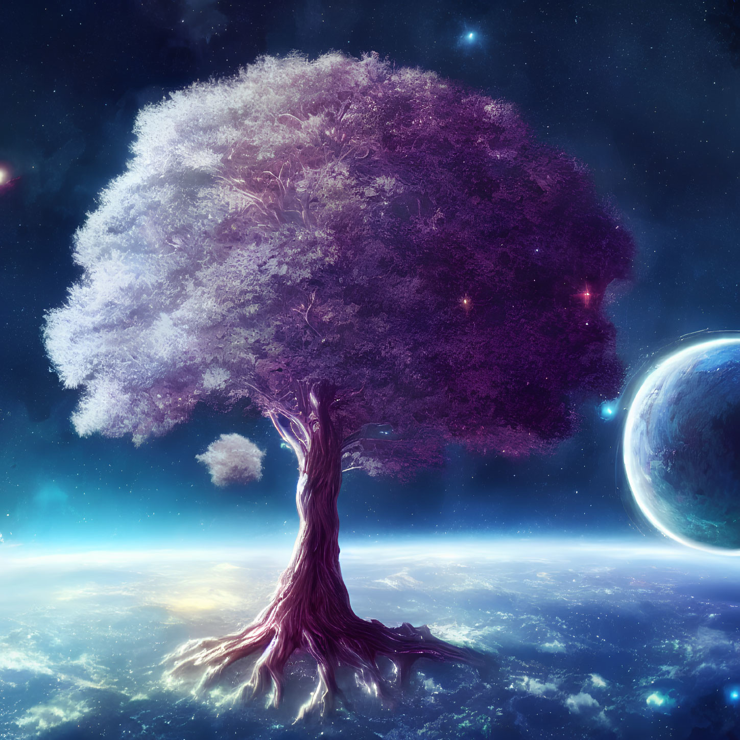 Colorful surreal tree with cosmic backdrop and planet.