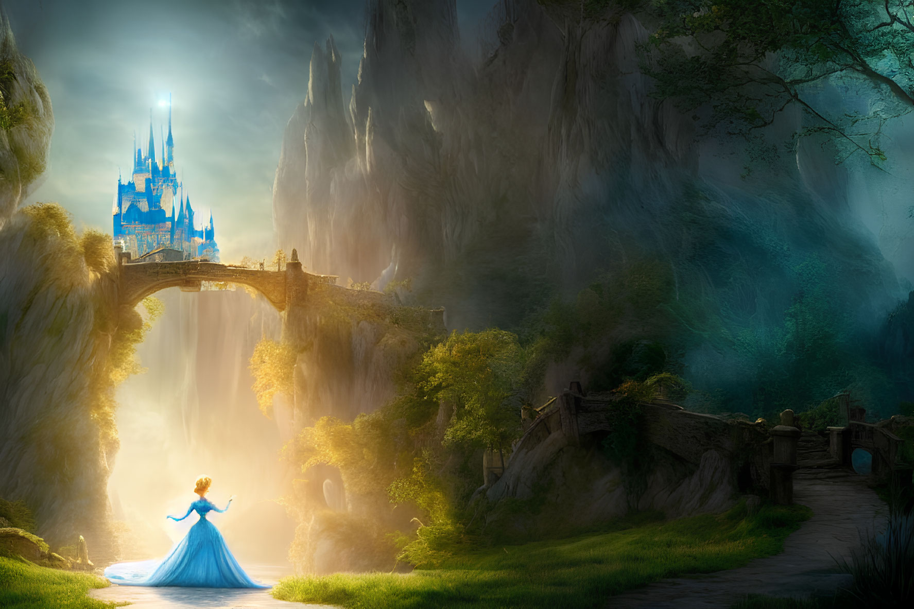 Woman in Blue Dress in Mystical Forest with Castle and Bridge