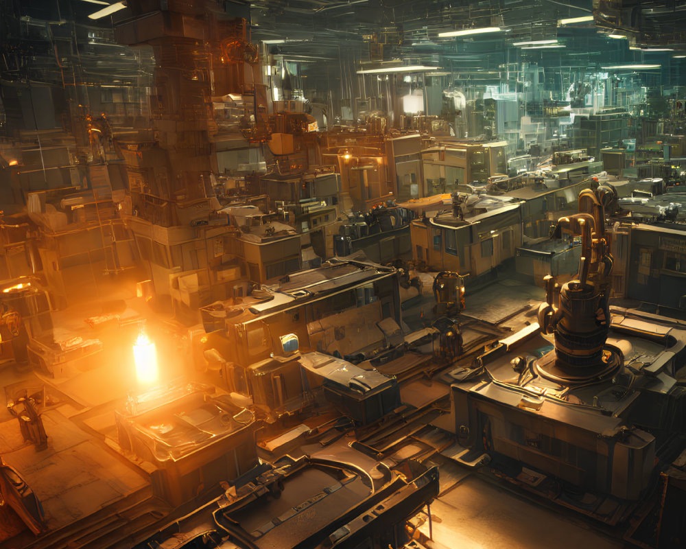 Detailed Sci-Fi Industrial Interior with Glowing Amber Lights and Central Fiery Forge