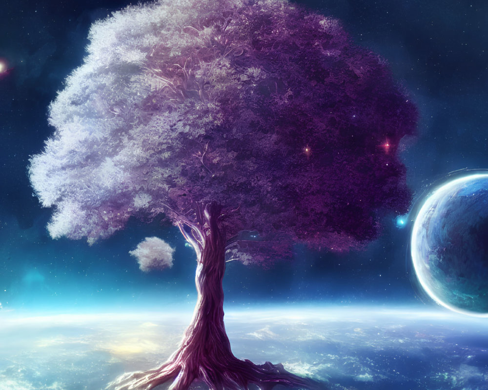 Colorful surreal tree with cosmic backdrop and planet.