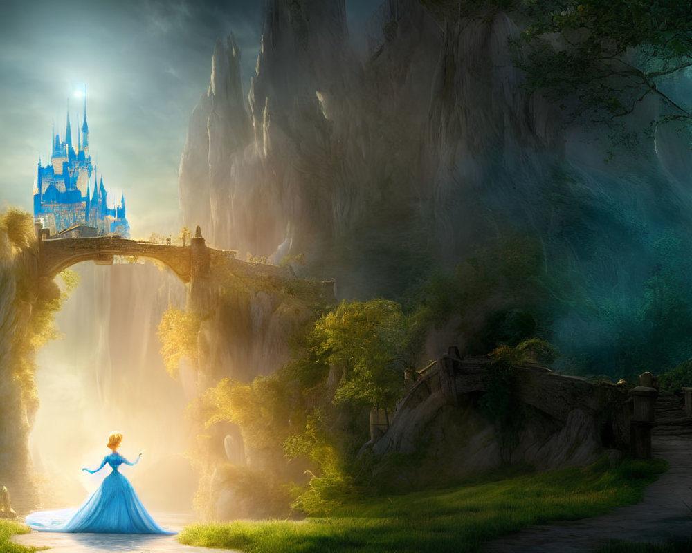 Woman in Blue Dress in Mystical Forest with Castle and Bridge