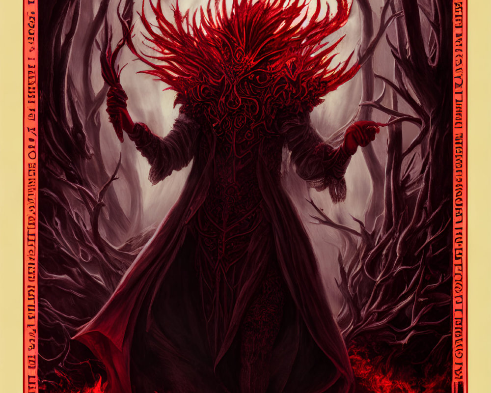 Mysterious figure with red crown and staff in dark forest