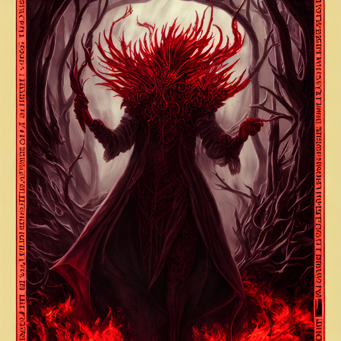 Mysterious figure with red crown and staff in dark forest