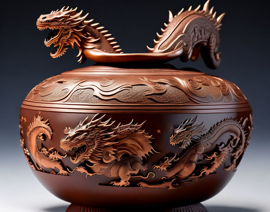 Intricately Carved Dragon Design Brown Pot on Dark Background