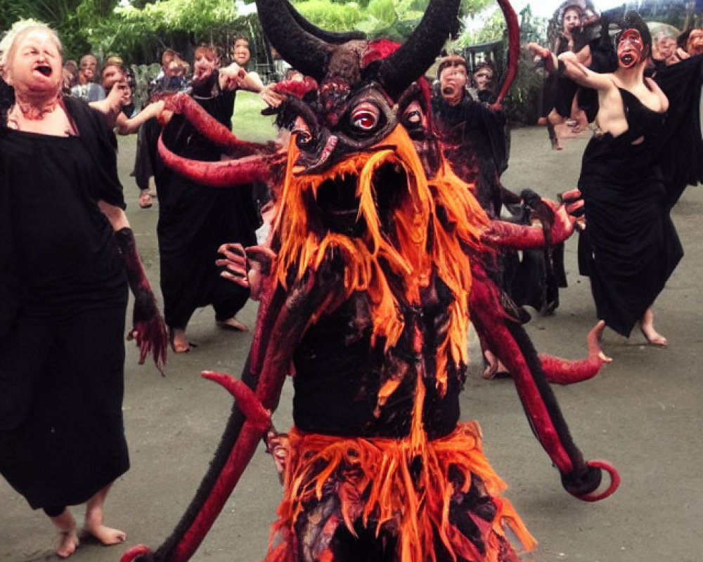 Elaborate Red and Black Demonic Costume Leading Frenzied Group