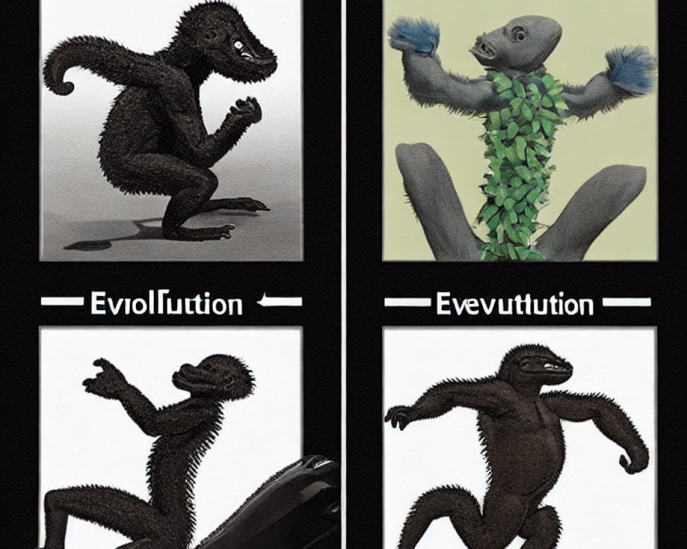 Illustrations of Evolutionary Parody Sequence from Furry Simian to Bipedal Entity