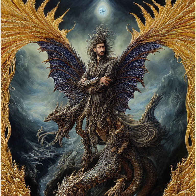 Golden dragon-winged fantasy figure in ornate armor under moonlit sky