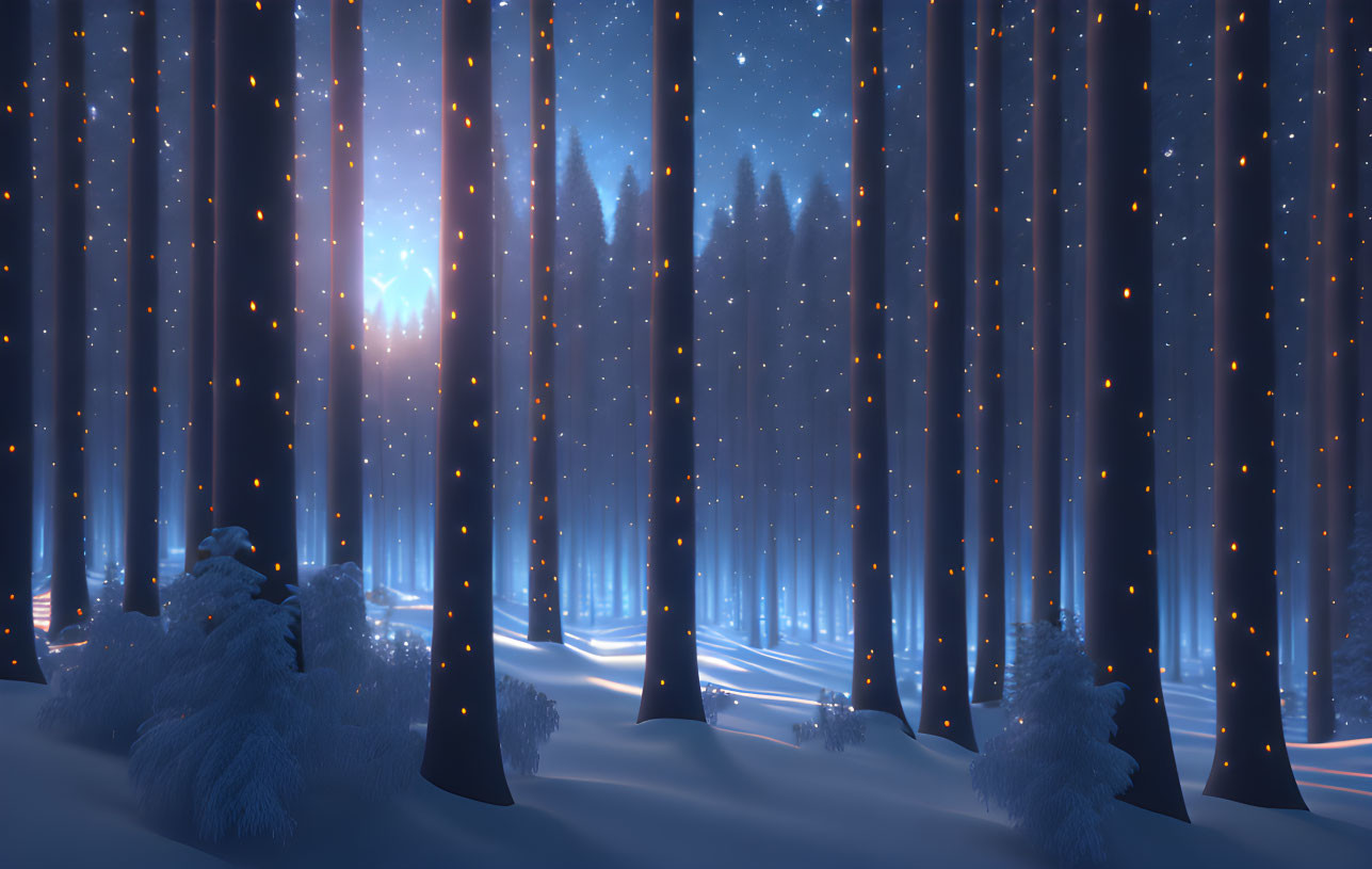 Winter Forest Night Scene with Starry Sky and Snowfall