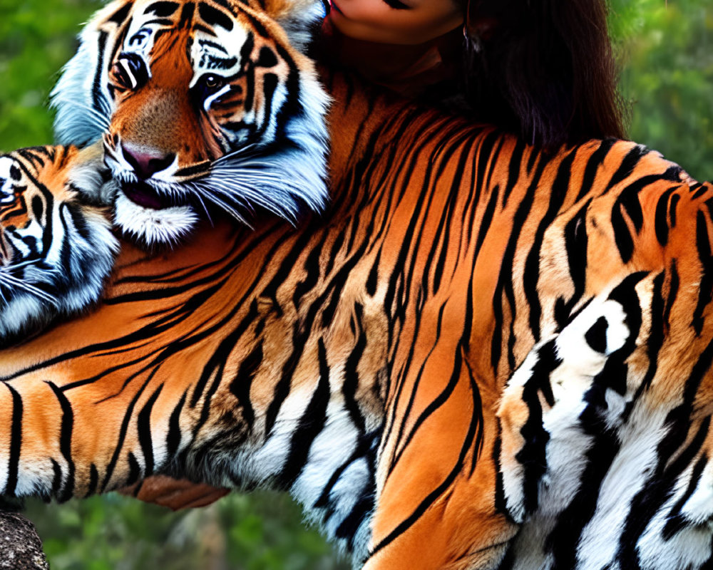 Woman resting cheek on tiger's head in natural setting