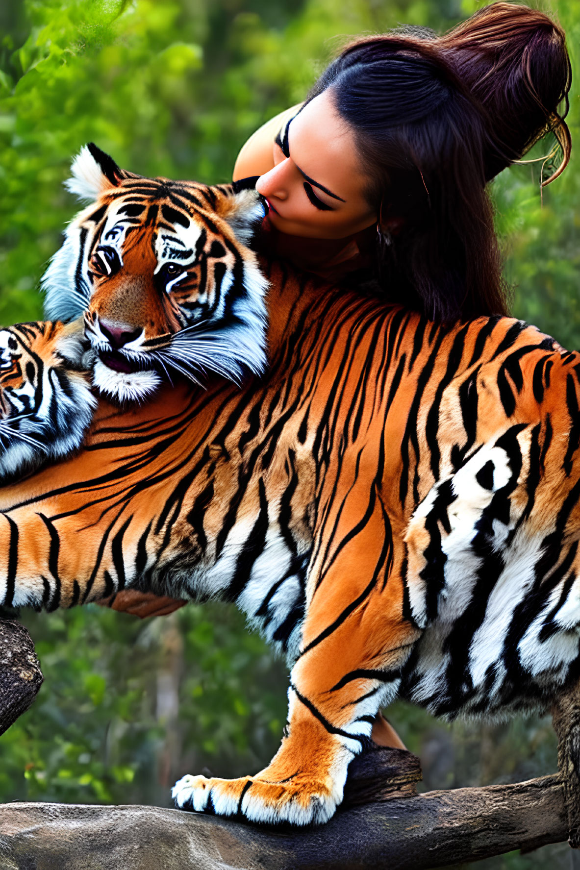 Woman resting cheek on tiger's head in natural setting